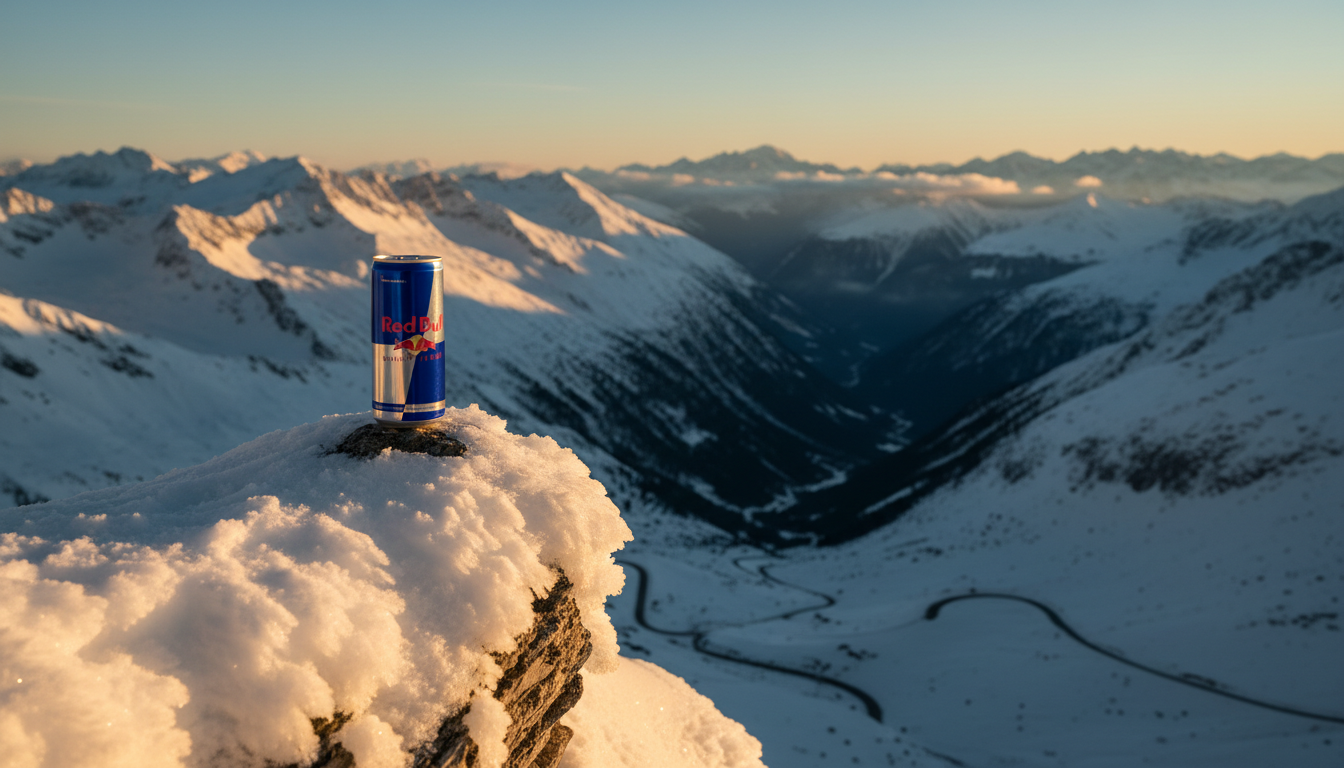Red Bull Dose vor Alpenpanorama