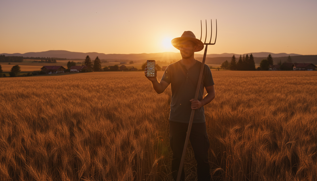 Bauer mit Smartphone auf dem Feld