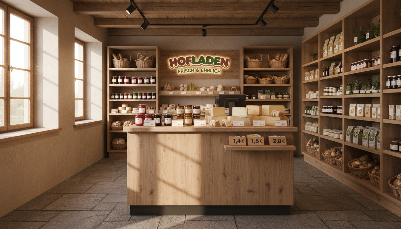 Aufger&auml;umter Hofladen mit klarer Beschilderung