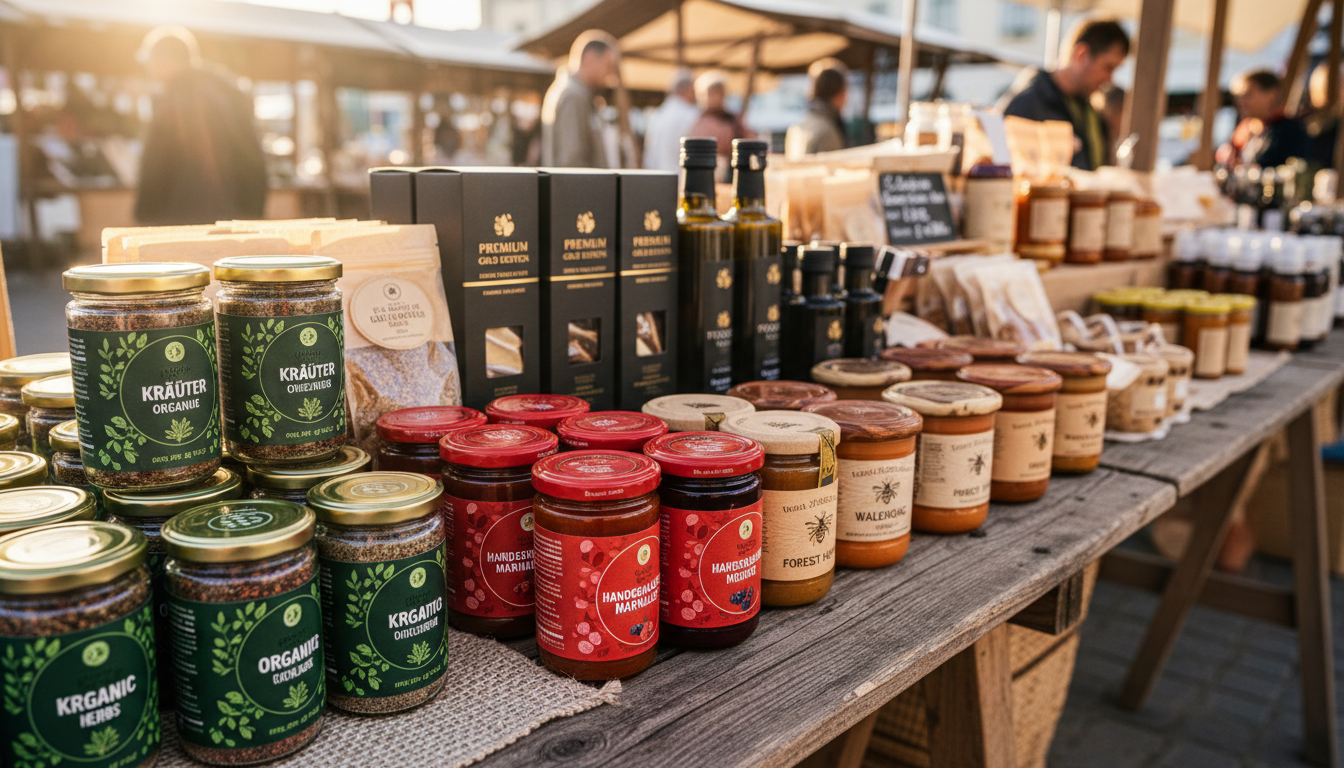 Bunte Produktetiketten am Bauernmarkt