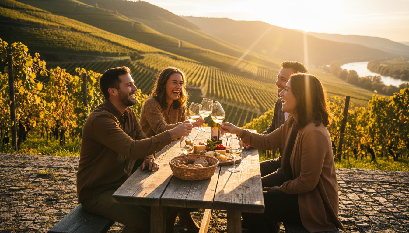 Weinverkostung im Weingarten bei Sonnenuntergang