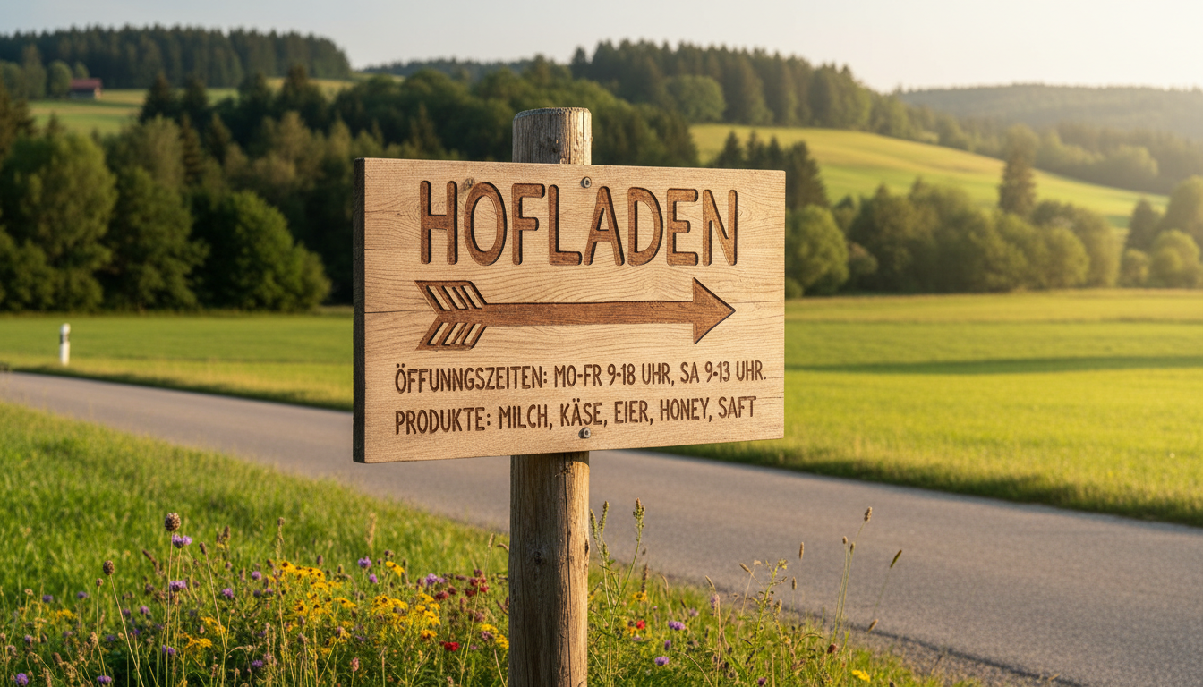 Holzschild am Landweg zum Hofladen